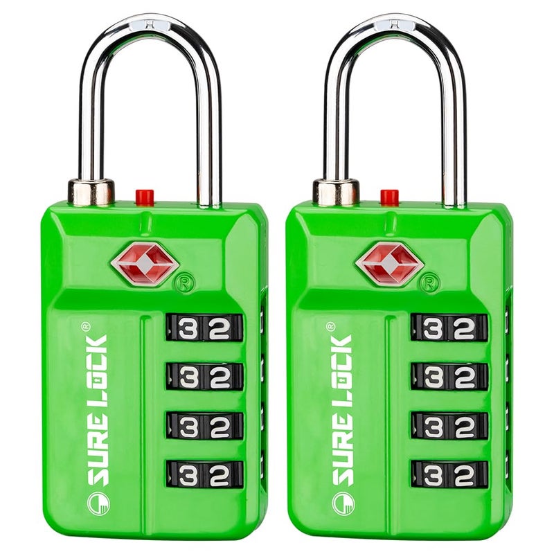 SURE LOCK TSA Approved 4-Digit Resettable Combination Luggage Locks with Open Alert, Easy-Read Dials - for Luggage, School Lockers, Gym, Office, Toolbox & Security Cases(Green 2 Pack) - Image 1